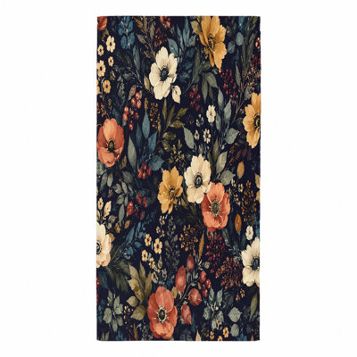 1Pcs Vintage Floral Beach Towel, featuring a dark blue background with dense pattern of colorful flowers, leaves, and berries in watercolor art style. Large, absorbent microfiber, perfect for, travel, picnics, unisex.