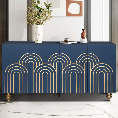Buffet cannelé à 4 portes, bleu marine, créant un espace de vie élégant pour un rangement moderne