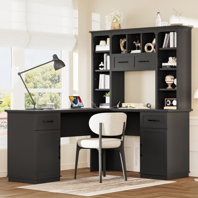 L-Shaped Computer Desk with Open Shelves, Cabinet & Drawers