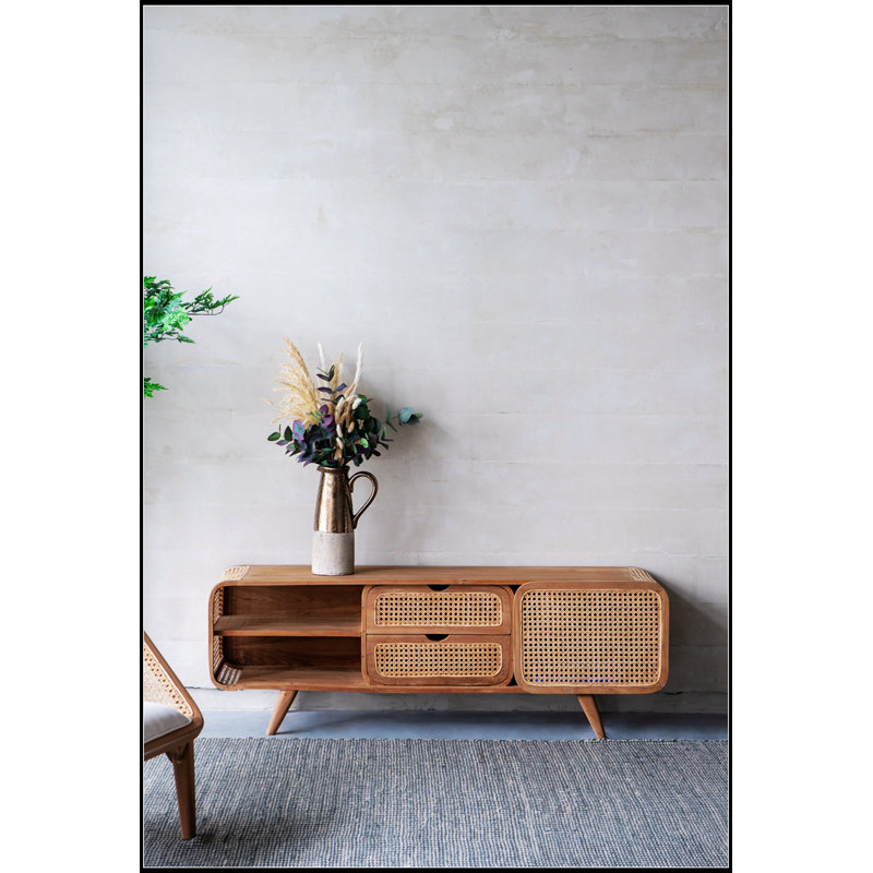 Élégante armoire en teck et en rotin avec gestion des câbles, parfaite pour organiser vos appareils électroniques et rehausser votre décor.