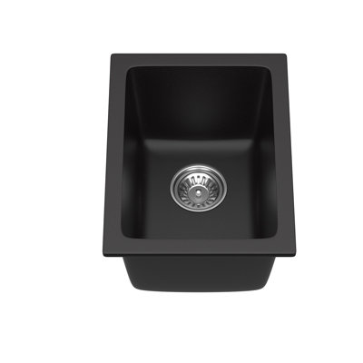 Black Quartz Composite Undermount Bar Sink, 12" x 16" Small Granite Composite Prep Sink with Rear Drain, Noise-Reducing Single Bowl Sink for Bar & Kitchen Island