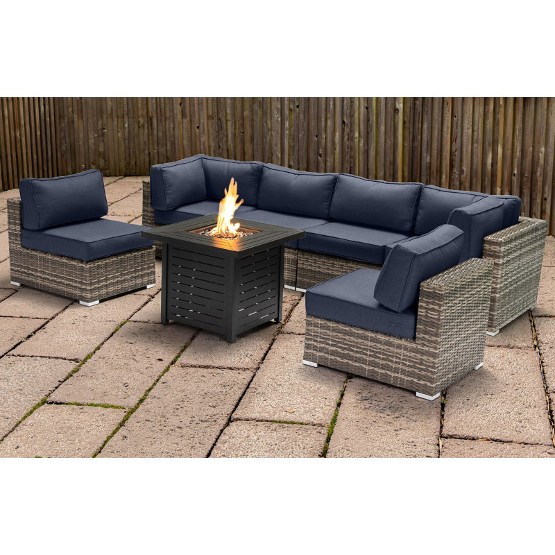Ensemble de conversation pour 6 personnes avec coussins Sunbrella et foyer en métal Lsi, Bleu marine Sunbrella