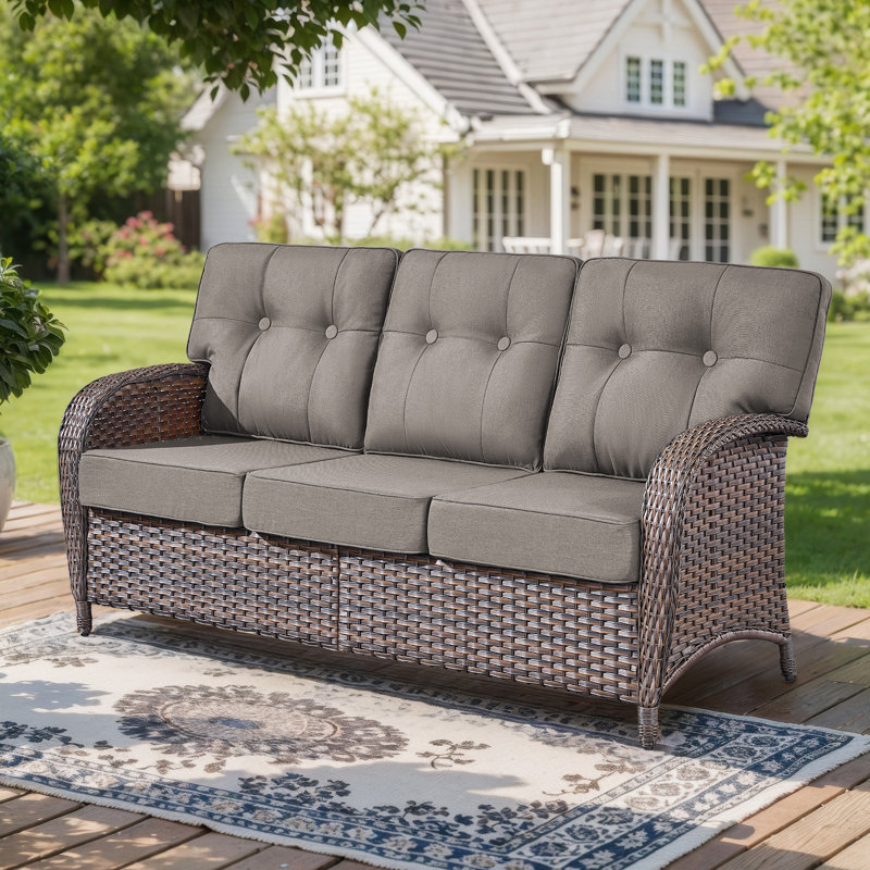Fiorillo 3-Seat All-Weather PE Wicker Patio Sofa With 5" Thick Cushions, Gray