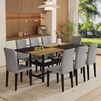 Table And Chair Set.71*35.4 Inch Wooden And Spliced Dining Table With Storage Function In The Middle Of The Table Legs.Paired With 8 Light Linen-Cotton Dining Chairs