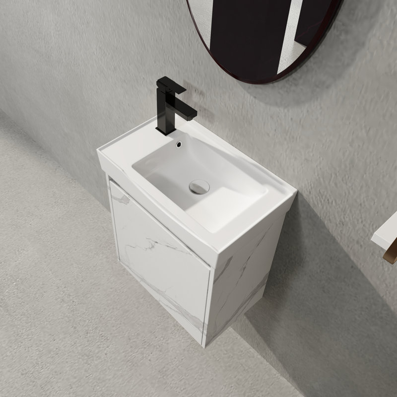 Meuble-lavabo mural 19,69 po en marbre blanc de Carrare moderne avec lavabo en céramique haute température et rangement à fermeture en douceur