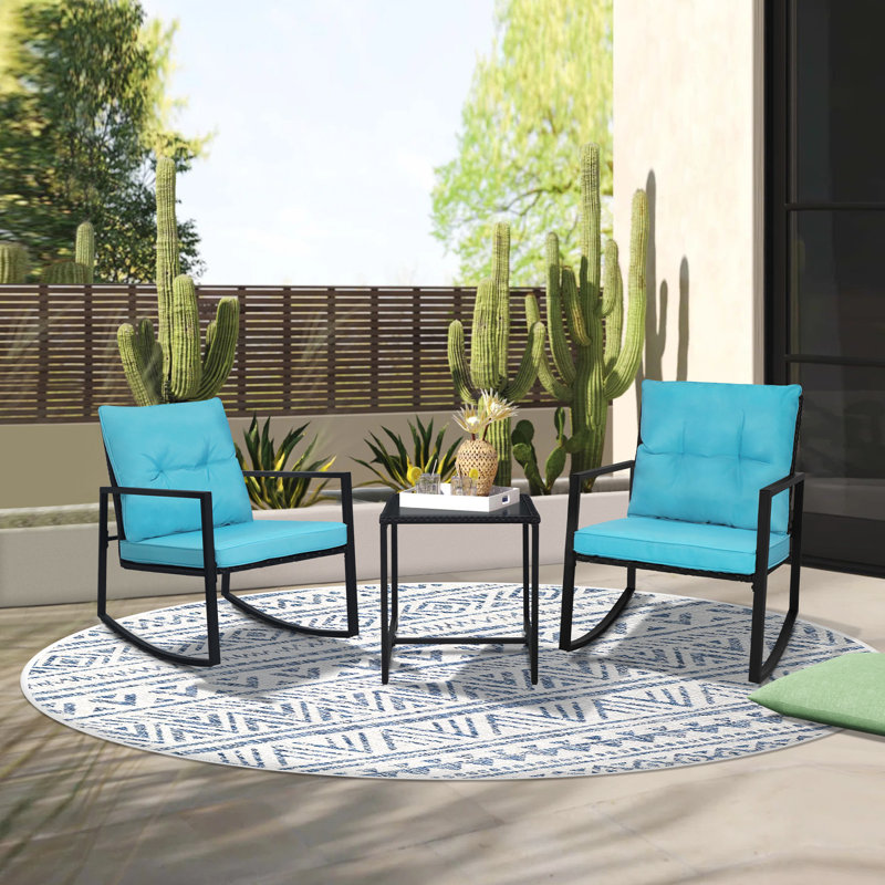 2 - Person Outdoor Dining Set, 3-Piece Outdoor Rattan Rocking Bistro Set with Cushions and Glass Coffee Table, Blue, Brown