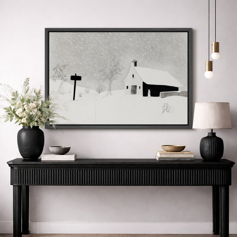 «Minimalist Winter Farm Landscape», photos de salon, impression sur toile encadrée, H 16 po x l 24 po, Cadre flottant noir