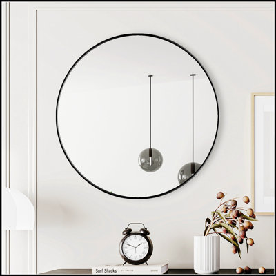 Miroir mural 28 pouces à cadre circulaire en métal noir pour la salle de bain, le salon et la chambre à coucher