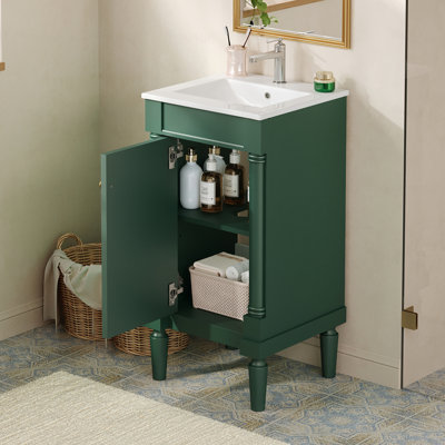 Armoire de salle de bain de style français 18 po avec rangement, solution pour petit espace avec lavabo en céramique, tablette réglable, charnières à fermeture en douceur