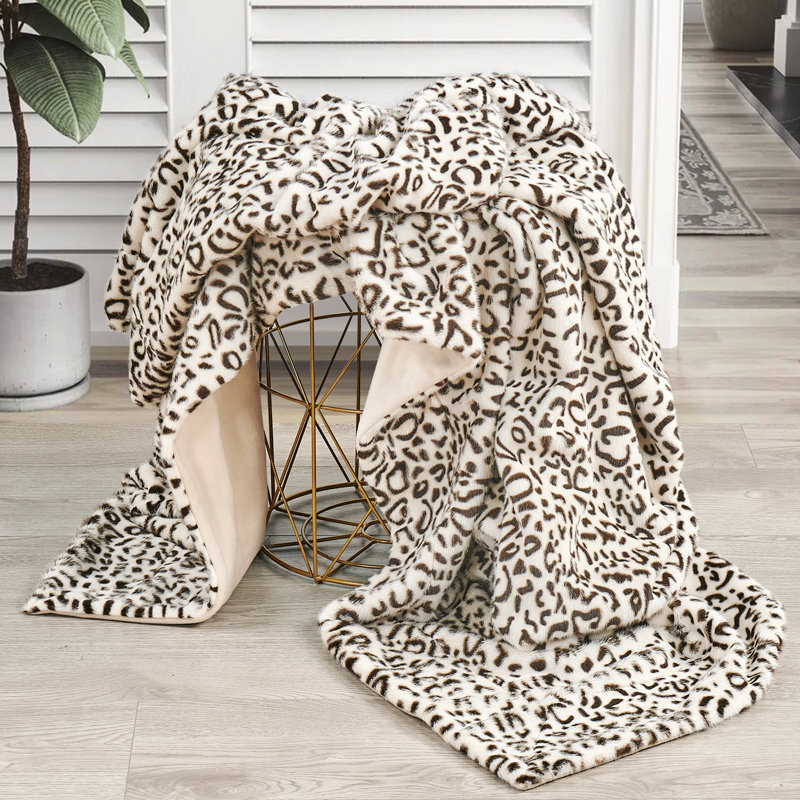 Snow Leopard Faux Fur Throw, 60" W x 70" L