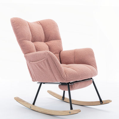 Teddy Fabric Leisure Rocking Chair With Adjustable Footstool,Nursery Rocking Chair, High Backrest, Storage Pocket On The Right Side,The Base Rocker Is Solid Wood And Metal,Pink