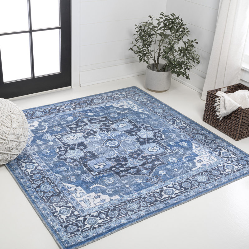 Abhirami Ornate Medallion Machine-Washable Blue/Navy Rug, Square 5'3"