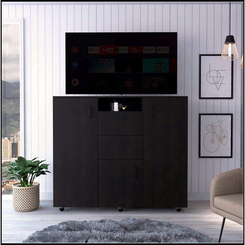 Commode d'armoire H 48 po, deux tiroirs, 3 portes, quatre tablettes intérieures, tringle, noir