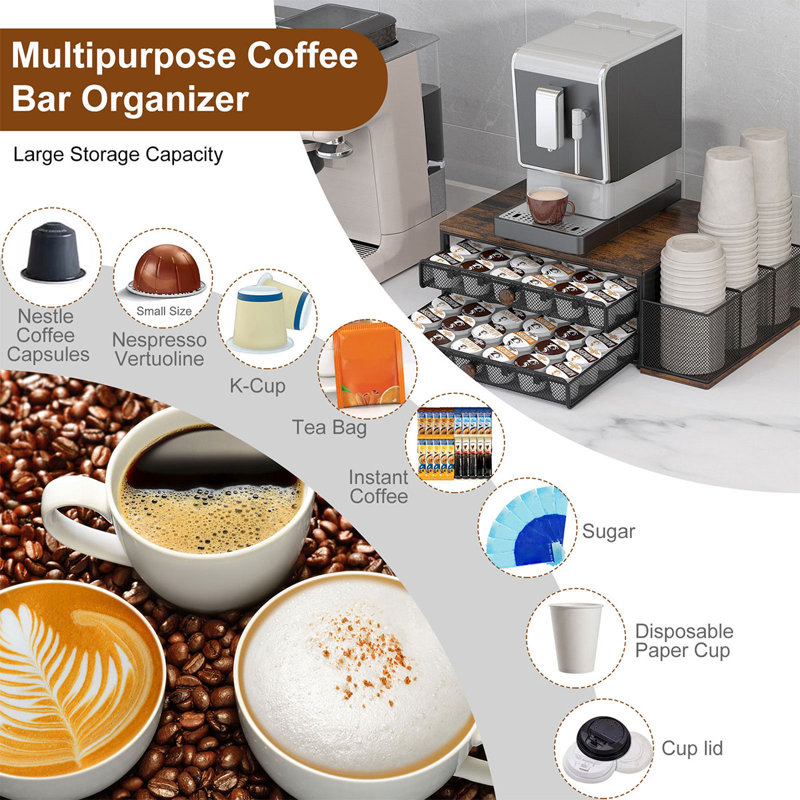 Rivosar Coffee Pod Storage, 60 Capsule Capacity 2 Tier Sliding K Cup Holder with Cup Lids Holder