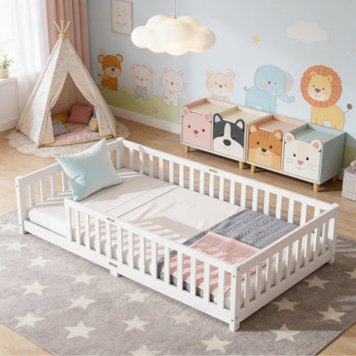 Twin Size Solid Wood Floor Bed for Toddler Bed Transition With Fence No Door Included