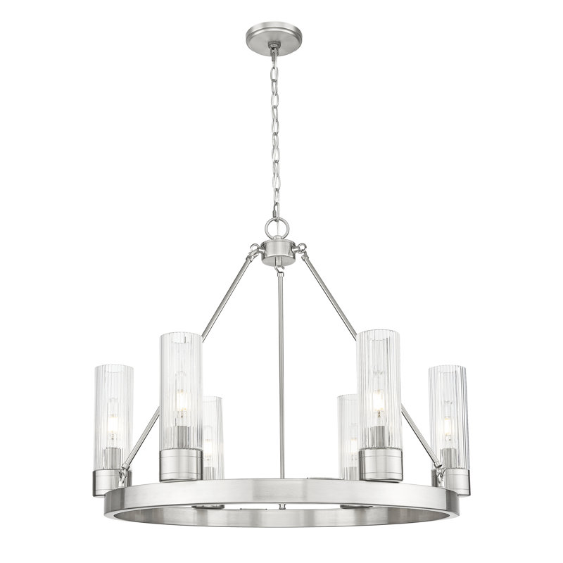 Jaiwan - Lustre 6 lumières avec abat-jour, Rayé transparent, Nickel satiné