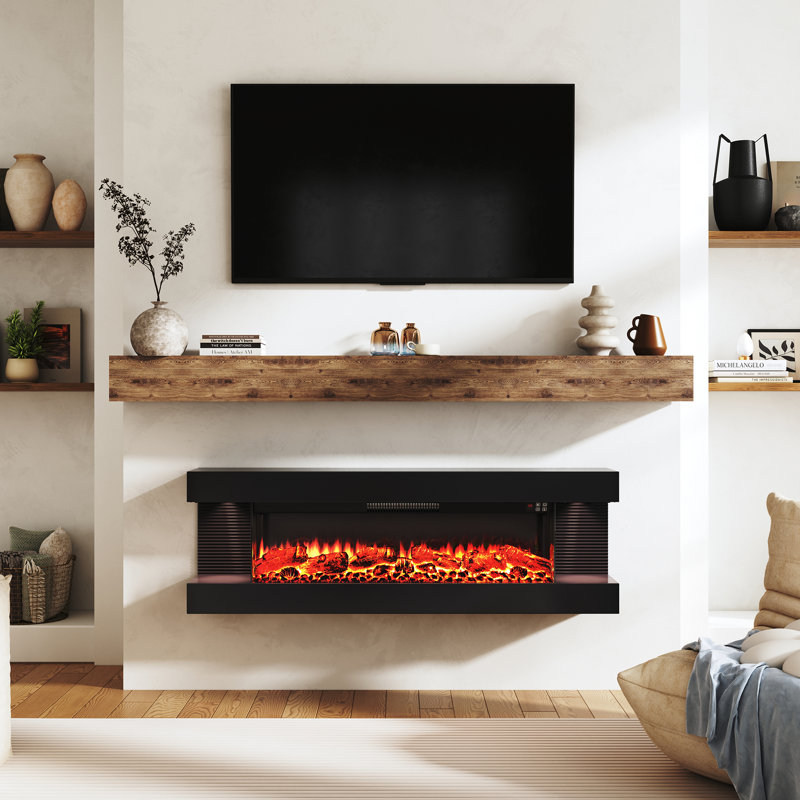Wall-Mounted Electric Fireplace With  Led Lighted Mantel And Remote, Modern Indoor Heating Accent, 16.5" H x 50" W x 8.1" D