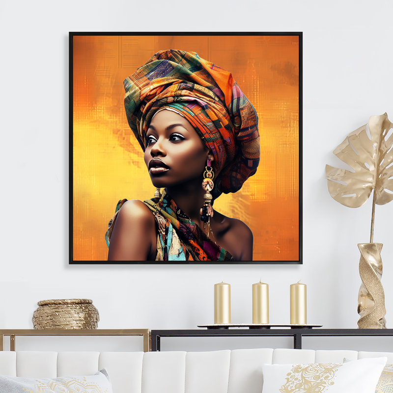 Femme jaune jaune, peinture «I», art mural africain, Cadre flottant noir, H 36 po x l 36 po x P 1,5 po