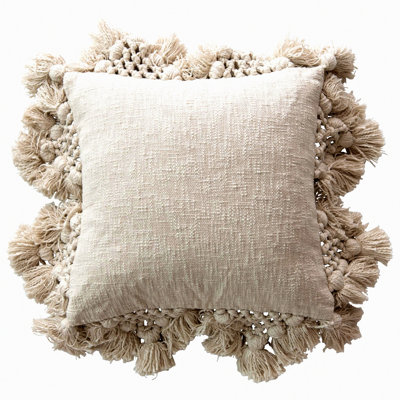 Crochet Comfort Pillow - Cream, Slub Texture, Tassel Detail, 1 Count Pack, Soft Support for Home Decor, Cozy Accent Piece