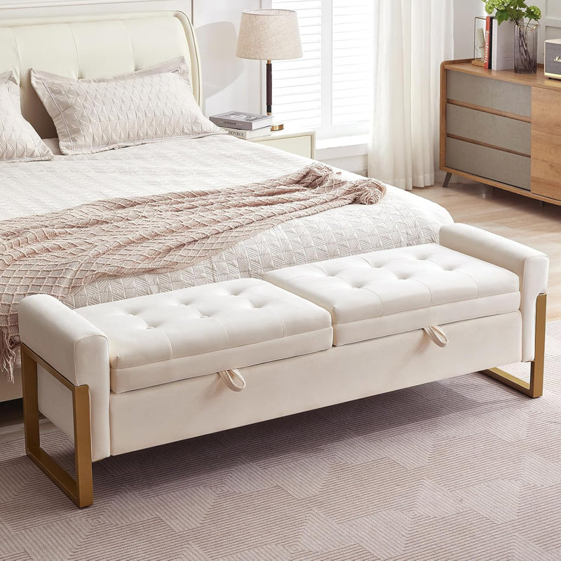 Lunara 66'' W Upholstered Storage Bench for Bedroom End of Bed King Size with Button-Tufted and Metal Gold Legs, Cream