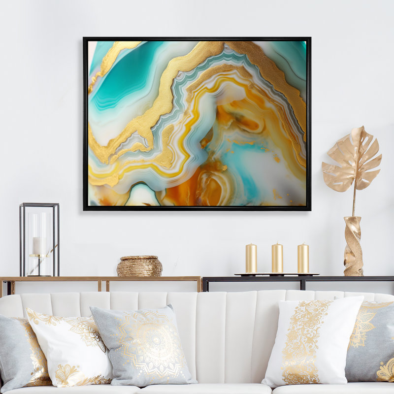 Liquide harmonie agate bleue et turquoise sur toile, H 30 po x l 40 po, Cadre flottant noir