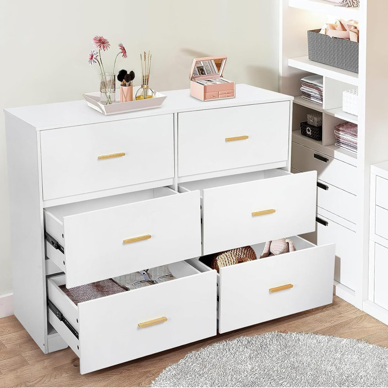 Commode 6 tiroirs Modern, Blanc / Doré