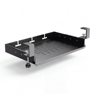 Tiroir de rangement sous bureau à fixation par pince, plateau de rangement métallique sans perçage avec gestion des câbles, organisateur robuste à pince en C pour ordinateur portable, tablette, chargeurs et accessoires
