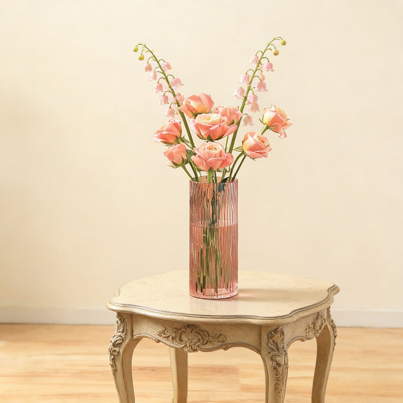 Ribbed Glass Vase For Flowers, Tall Cylinder Vase For Centerpieces, Modern Handmade Decoration For Living Room, Dining Table, Office And Wedding