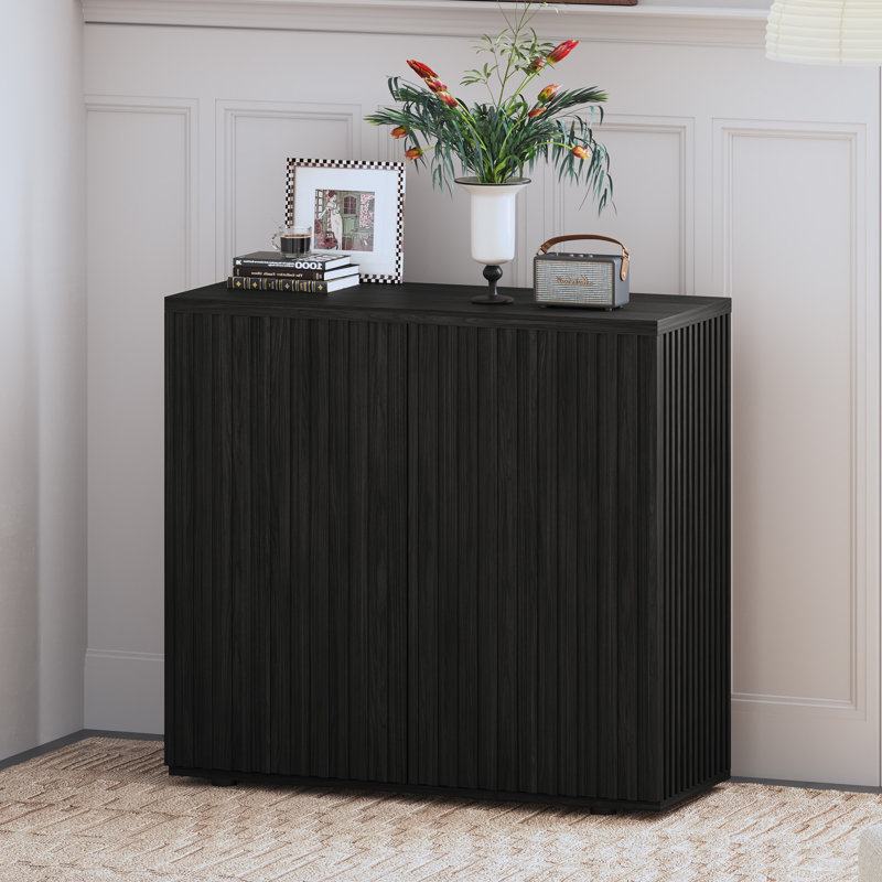 Buffet avec rangement, buffet cannelé avec tablettes réglables, Noir gris