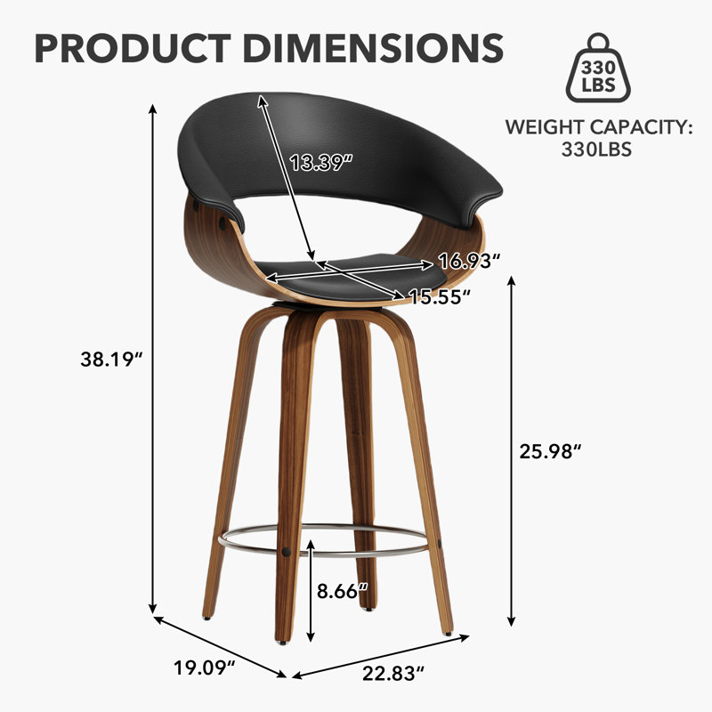 26'' Swivel  Upholstered Counter Stool, Black