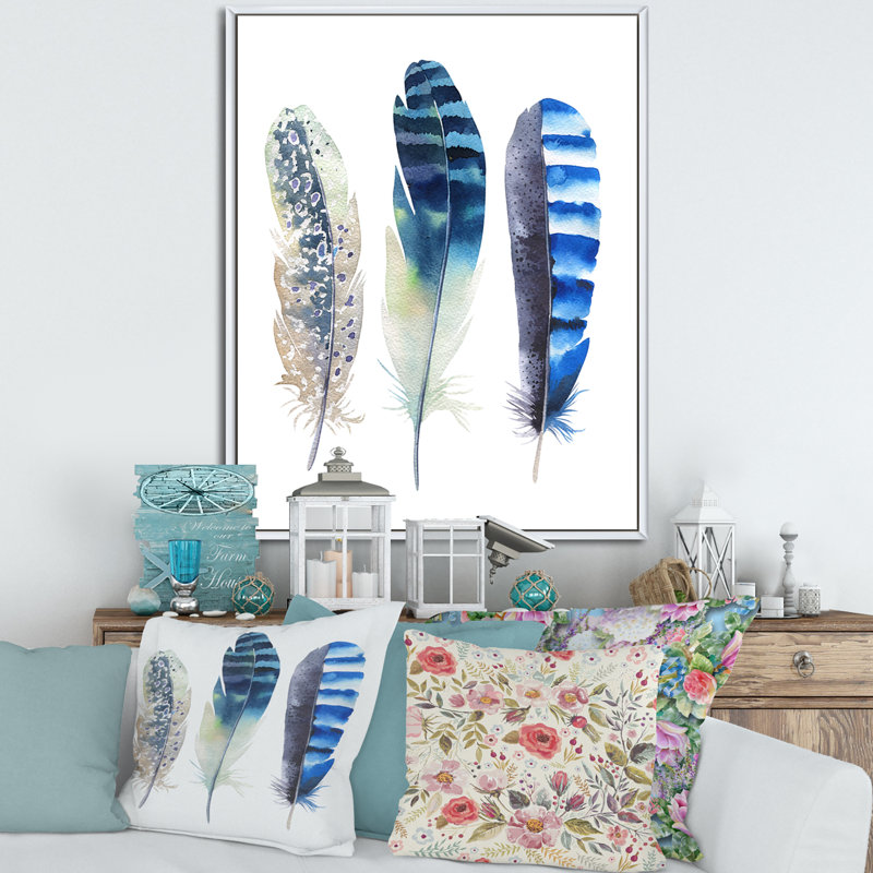 Boho Feathers I - reproduction de cadre flottant sur toile, H 20 po x l 12 po x p 1 po, Cadre blanc