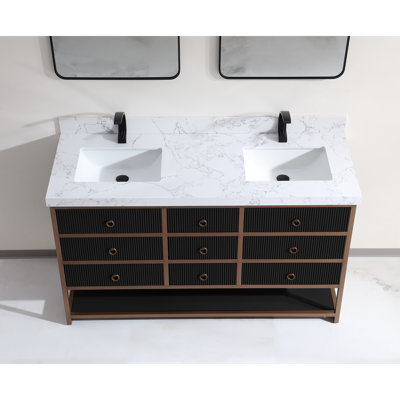 Meuble-lavabo double 72 po avec cadre en acier inoxydable brossé doré et finition tricorne noire avec comptoir en pierre naturelle de 2 pi d'épaisseur