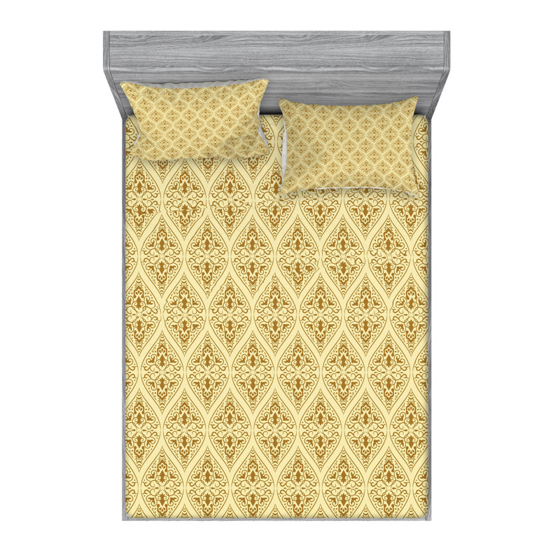 Microfiber Sheet Set, Full/Double Sheet Set with Fitted Sheet, Pale Yellow/Amber Damask