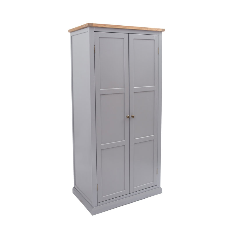 Leonidas 2 Door Solid + Manufactured Wood Wardrobe, Grey/Oak/Antique Brass