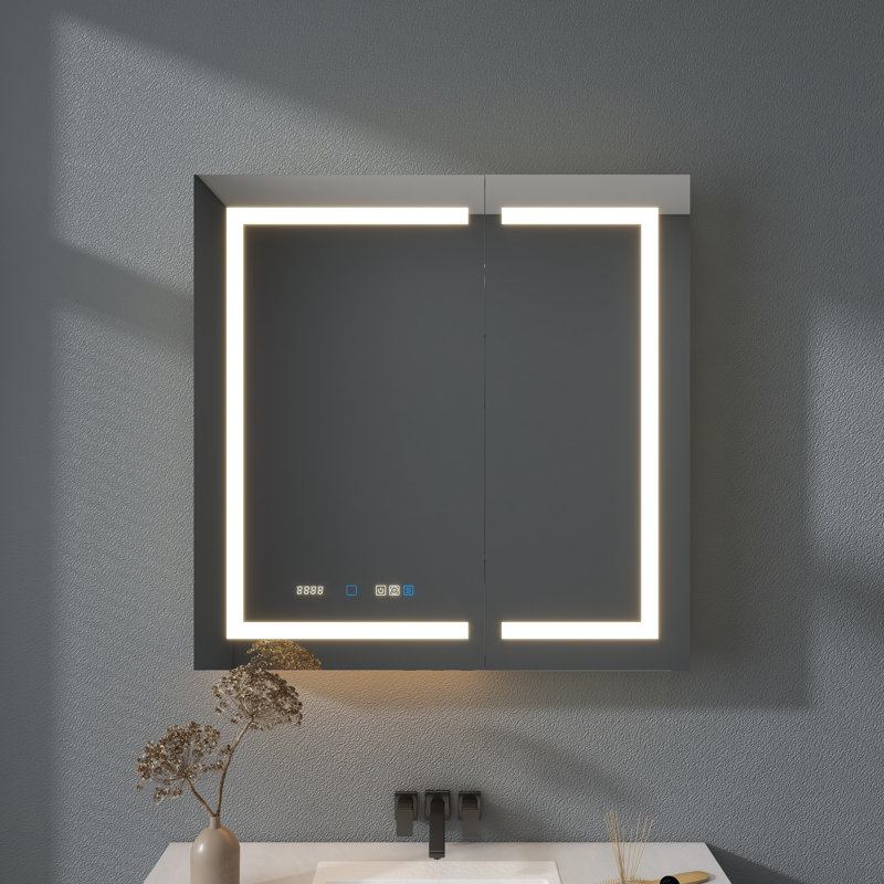 Pharmacie éclairée 36 "x 36" avec miroir, encastré ou en surface, porte gauche / droite, anti-buée, horloge, prise et USB