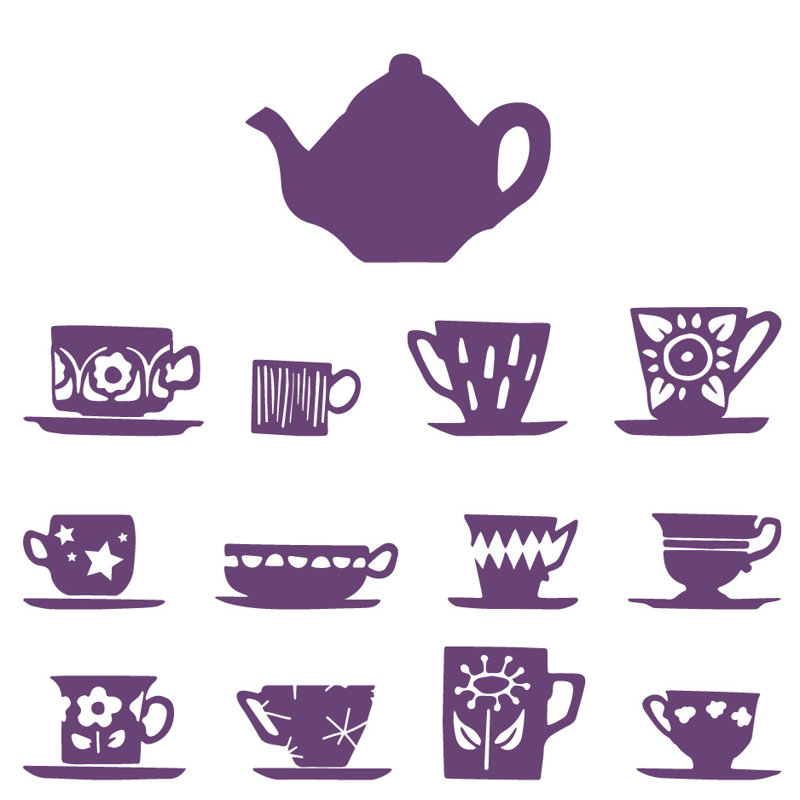 Décalcomanie murale tasses de thé, H 23 po x l 24 po x P 0,01 po, Violet