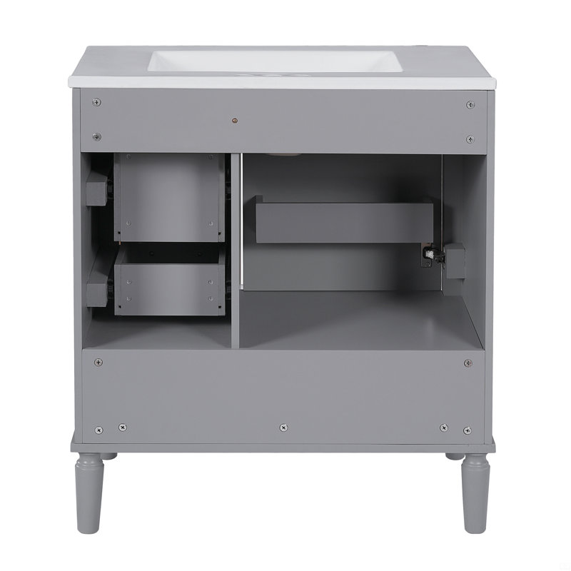Meuble-lavabo de 30 po avec lavabo en céramique, porte à fermeture en douceur avec tablette intégrée, tiroir profond, tiroir standard