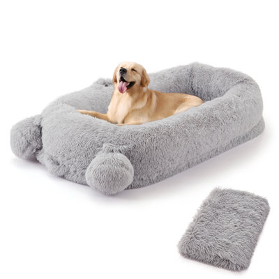 Human Sized Dog Bed for Adults & Pets – 71"x45" Extra Large Orthopedic Bean Bag Style Bed with Blanket, High-Density Foam, 2 Storage Pockets, Carry Handles, Removable Washable Faux Fur Cover, Non-Slip Bottom – Light Gray