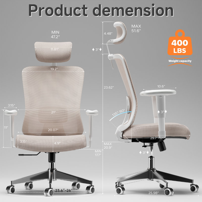 Fauteuil de bureau Monjan, Beige, Blanc