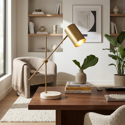 Chic Metal Table Lamp with Adjustable Shade and Travertine Base for Living Room - Small Accent Lamp for Bedroom, Bedside or Desk Lighting - 23", Gold