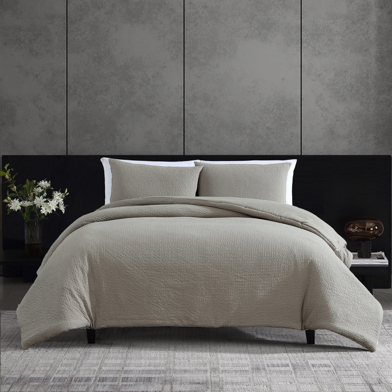 Vera Wang Puckered Texture Cotton Grey Duvet Cover Set, King Comforter + 2 King Pillow Shams