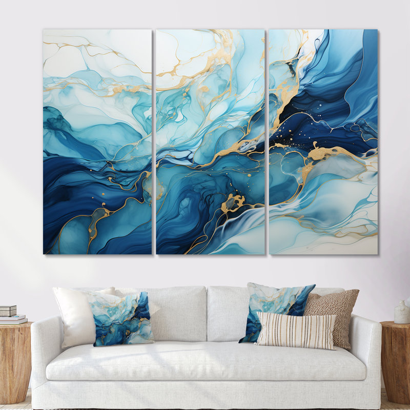 Liquide bleu et or tempête océanique - formes abstraites, ensemble d'art mural, Toile tendue, H 40 po x l 60 po x P 1 po