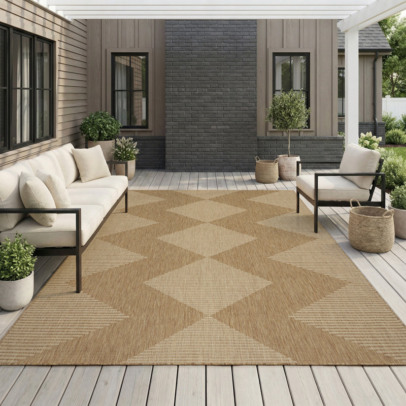 Modern Geometric UV-resistant Indoor / Outdoor Area Rug in Brown/Beige, Rectangle 8' x 10'