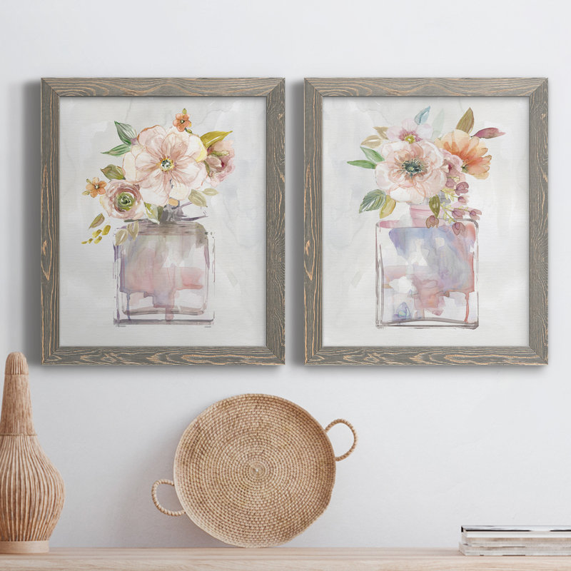 Mini Bouquet I - Ensemble de 2 peintures sur toile encadrées, H 20 po x l 34 po x P 1,5 po, Encadré de bois de noyer