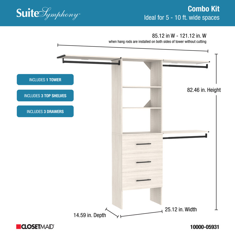 Ensemble de système de placard SuiteSymphony avec 3 tiroirs et tablettes supérieures, H 82,46 po x l 120 po x P 14,59 po
