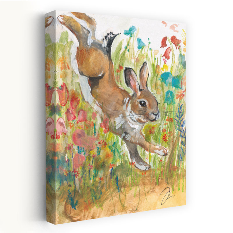 Lapin sautant - Illustration de lapin à l'aquarelle contemporaine sautant dans un pré, art floral, H 16 po x l 24 po