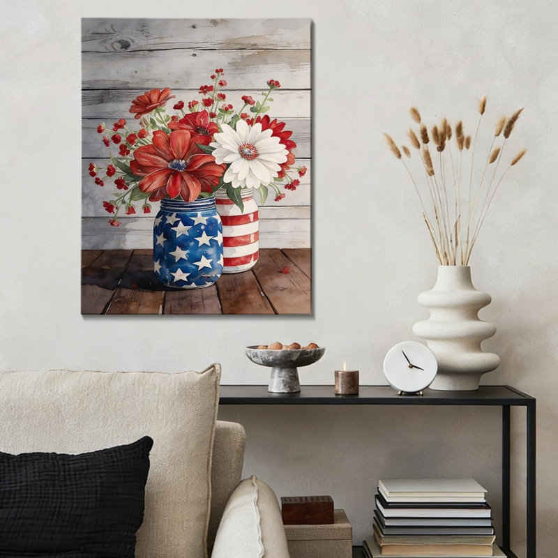 Décoration murale patriotique rustique sur toile en forme de pot Mason rustique 32 po x 24 po