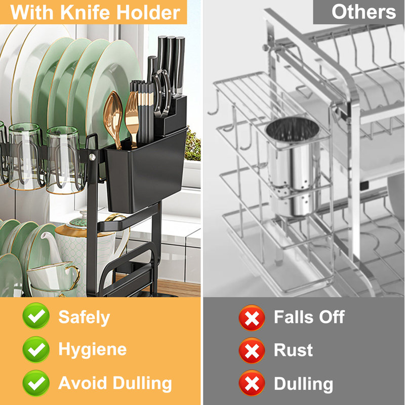 Black 2-Tier Foldable Metal Dish Drying Rack with Utensil Cup