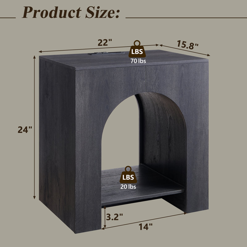  Arched End Table with Type-C Charging Station, 22" Modern Bedroom Side Board w/Open Shelf, Gray