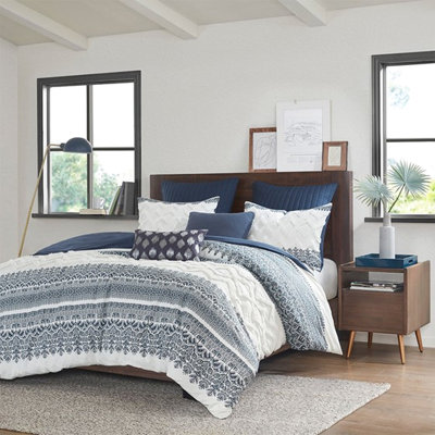 King/ King Cotton Duvet Cover - Chenille Tufting, Design, Navy Color, Machine Washable, 3 Piece Print, Solid Back, Bedding